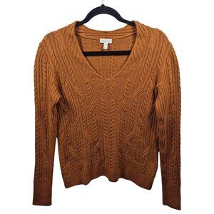 Garnet Hill Sweater Womens M Orange Wool Linen Pullover Cable Knit V Neck